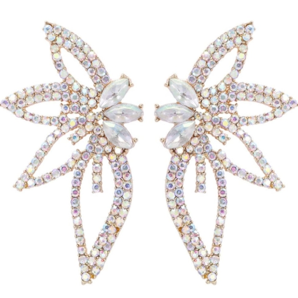 Abstract Wings Art Deco Earrings AB Rhinestone CZ Crystal Big Flower  Floral New - Picture 4 of 7